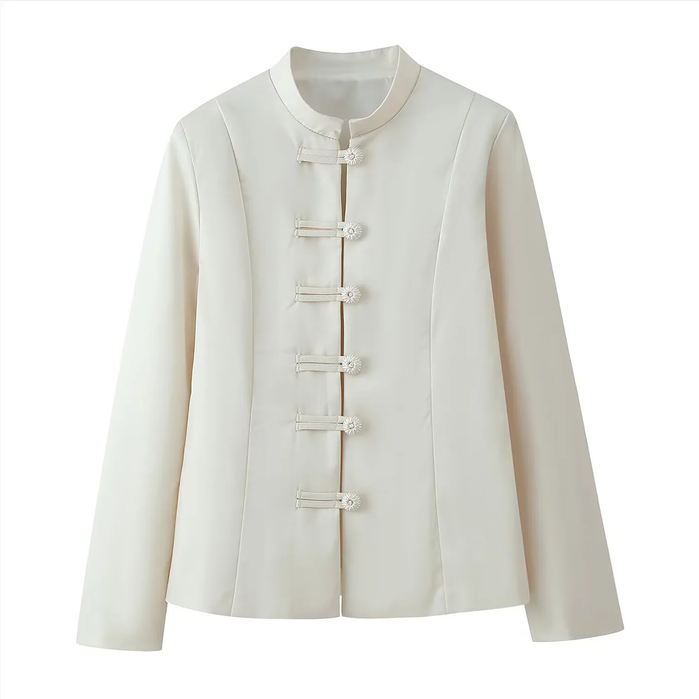 

Женский шелковый атласный жакет с зауженной талией, воротником-стойкой и пуговицами, весна 2026, модный индивидуальный стиль