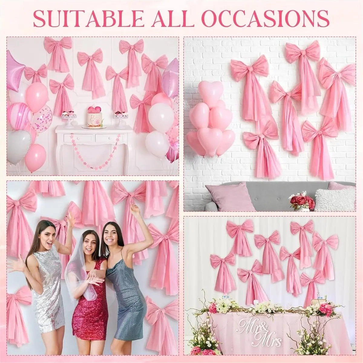 

8 Pcs Pink Bow Decor, Giant Pink Bow, 85x50cm Pre-Tied Bows Decor for Wedding Birthday Backdrop Bridal Shower