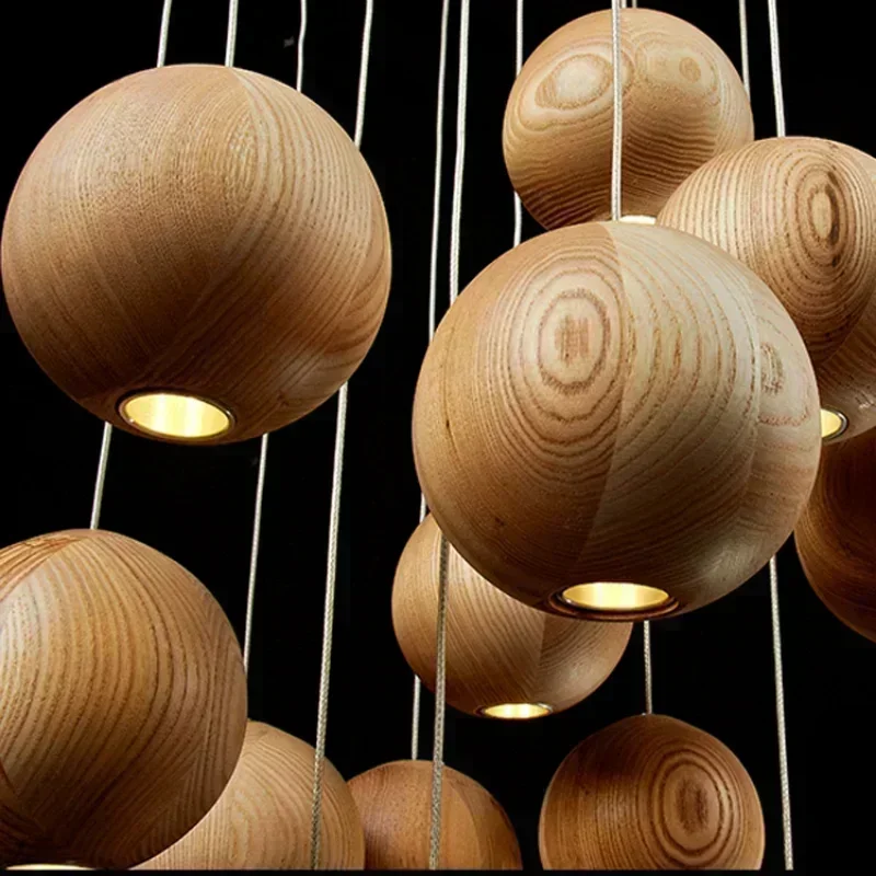 Designer's Solid Wood Pendant Light Creative Art Kitchen Restaurant Hanging Lamp New Chinese Hotel Wooden Ball Bar LED Lighting