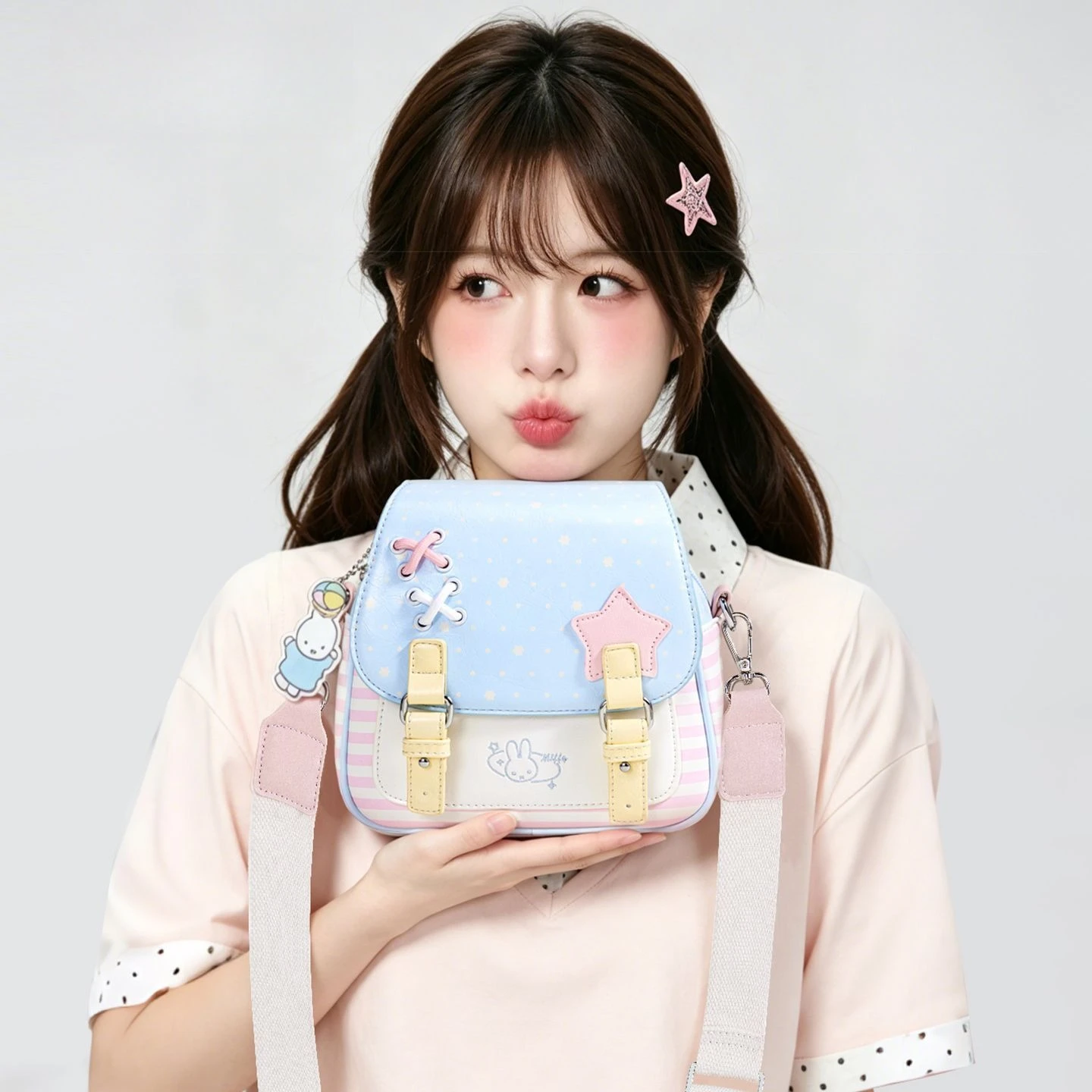 Sweet Cartoon Miffy Crossbody Bag New Macaron Polka Dot Stripe Design Niche Casual Fashion Shoulder Bag for Students Kawaii 2026