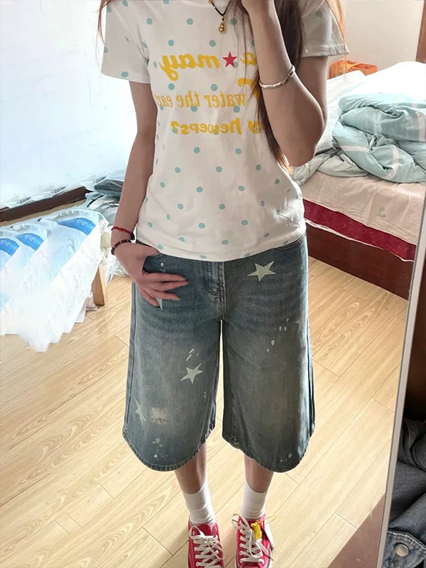 Retro American Star Print Denim Shorts Women's High Waist Cuffed Seven-Five Wide Leg Jeans Casual Summer New Style