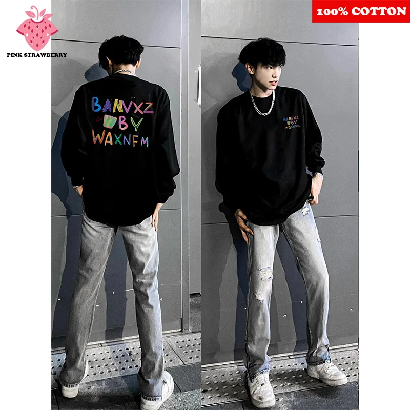 

American Street Colored Letter Print T-shirt Men Autumn 2025 New 100% Cotton White O-Neck Long sleeves Tee Y2k Top Men clothing