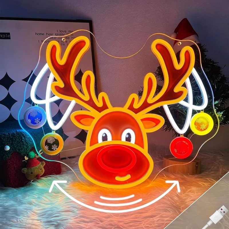 Waving Christmas Reindeer Neon Sign USB LED Neon Light Wall Hanging Light for Christmas Party Home Bedroom Aesthetic Decor Gift