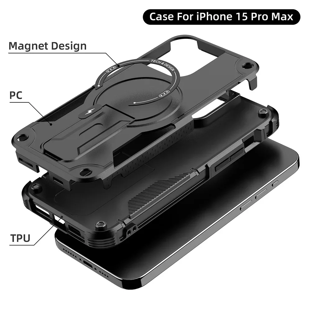 Magnetyczne etui na telefon MagSafe do iPhone\'a 16 15 14 Plus 13 Pro Max Ukryty uchwyt Stojak Wojskowy, odporny na wstrząsy pokrowiec PC TPU