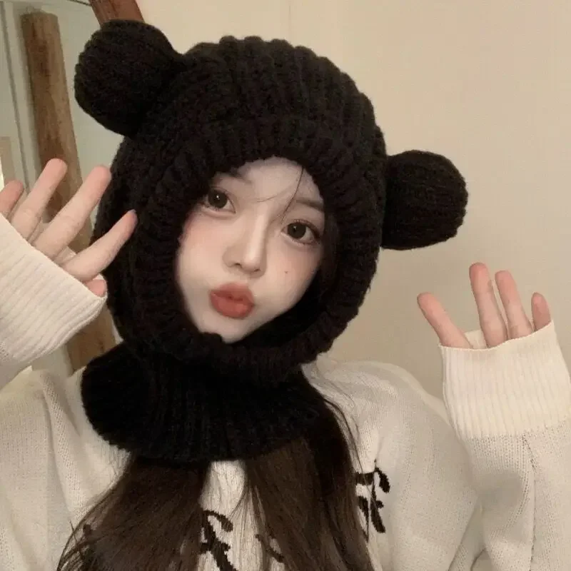 Gorro con capucha de oso de dibujos animados para mujer, bufanda de protección para los oídos cálida, gorro de punto de lana sólida coreana, gorro a prueba de viento para exteriores, Invierno