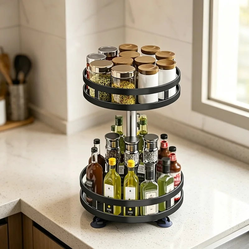 360 Degrees Rotation Spice Storage Rack, Space-Saving Kitchen Turntable to Organize Seasonings and Kitchen Accessories