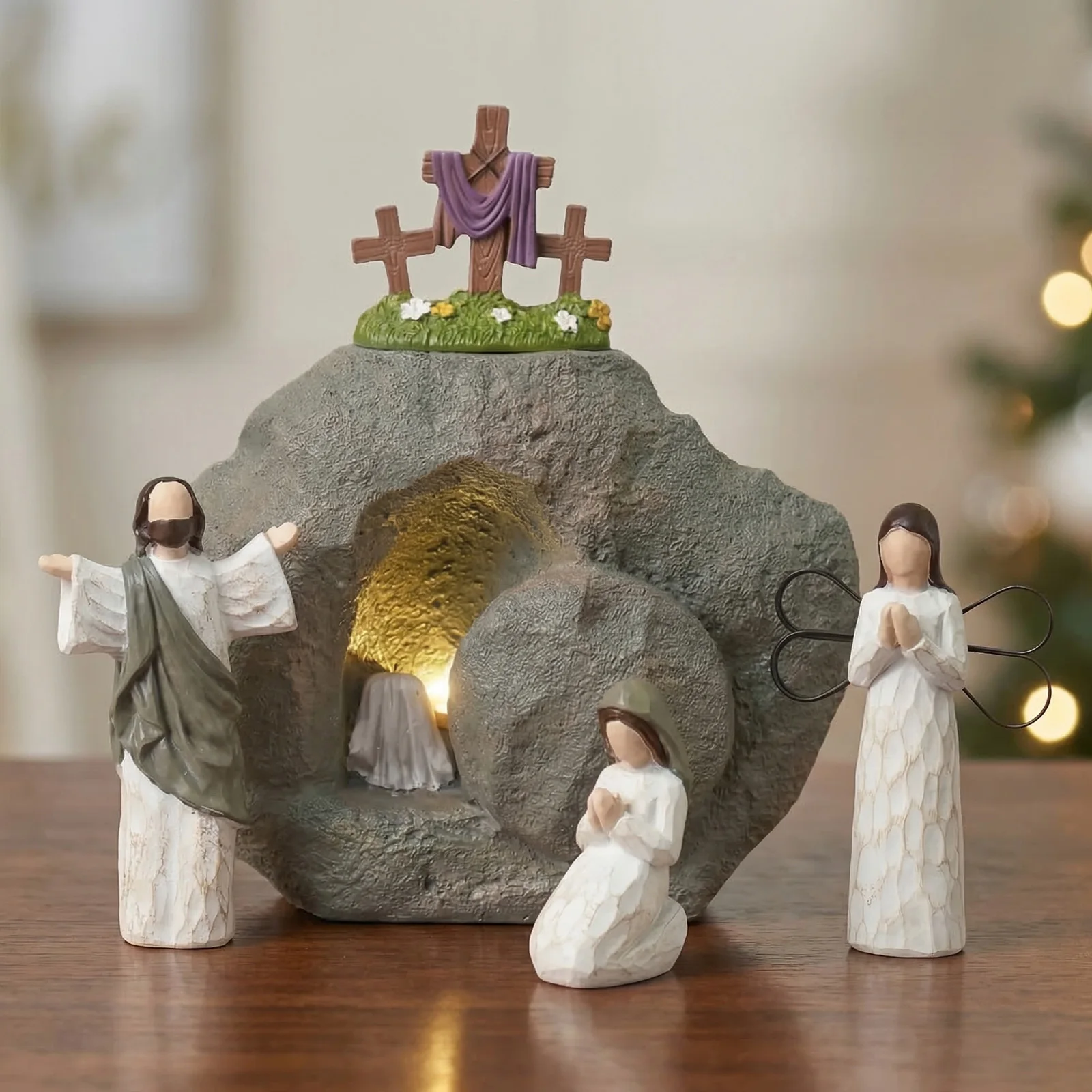 Décor de scène de Pâques Tombe vide avec petites figurines de Jésus, ensemble de la scène de la Résurrection de Pâques avec croix pour la décoration de la maison, de la cuisine et des fêtes