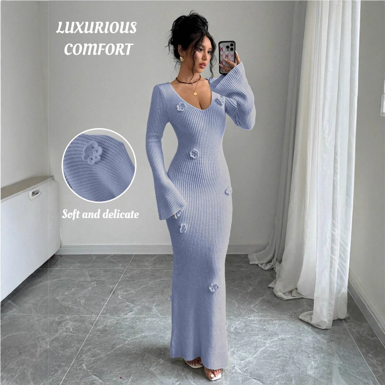 

2025 autumn and winter new V-neck cinched waist knitted women dress slimming and form-fitting fishtail dress for women