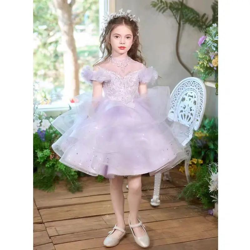 Abito da ragazza di fiore gonfio lilla di lusso con perline per abito da sera da principessa per bambini, matrimonio, compleanno, spettacolo