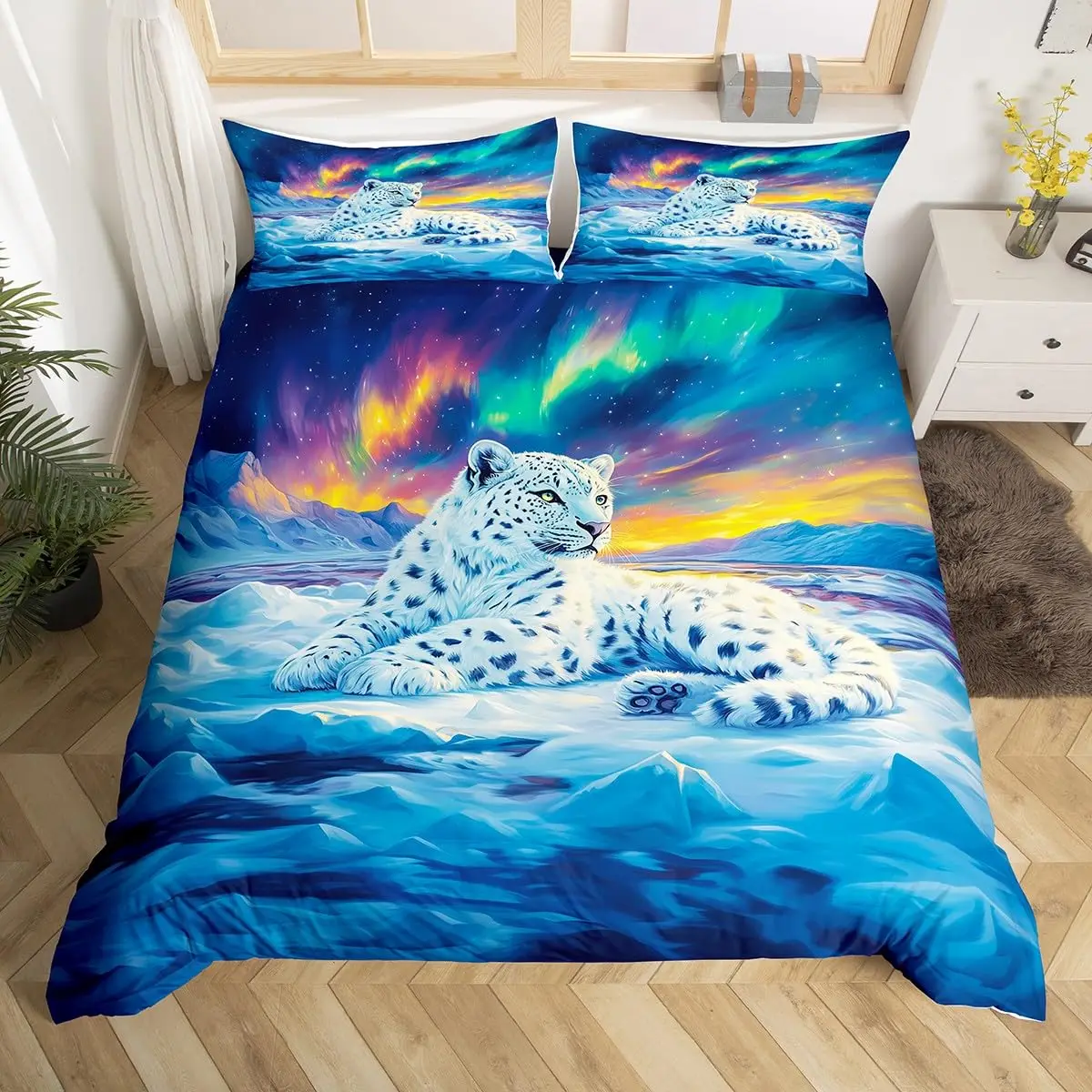Cute Animal Duvet Cover Set Twin Queen Rabbit Fox Rustic Bedding Set, Starry Sky Galaxy Northern Lights Dreamy Comforter Cover