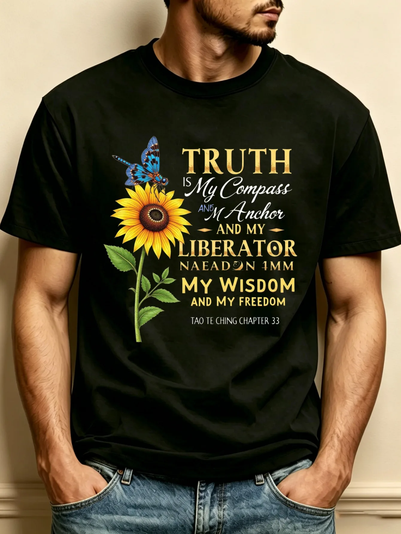 Sunflower and Dragonfly Truth Compass Design Men's Crew Neck T-Shirt, Loose Fit, Fashionable and Versatile, Soft and Comfortable Fabric, Suitable for Daily Wear and Holiday Gifts, Inspired by Chapter 33 of the Tao Te Ching, Ideal Choice for Nature Lovers and Spiritual Explorers, Perfect Spring/Summer Gift, Suitable for Giving to Friends, Family, or Loved Ones on Earth Day or Mindfulness Day