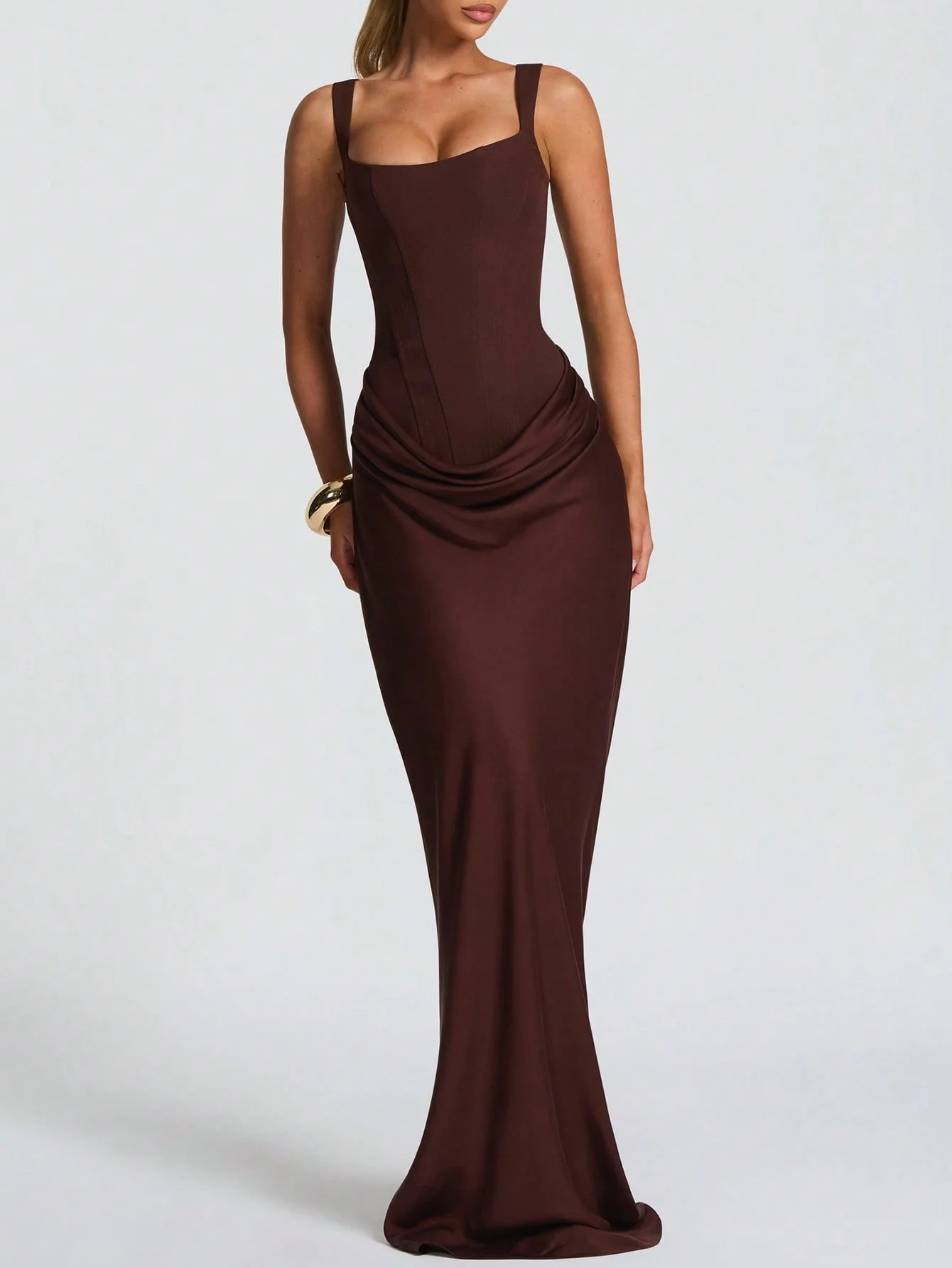 Cornelia Damen Sexy Spaghetti-Träger Maxikleid Bodycon Sommer Satin Drapiertes Langes Kleid Braun Schnürung am Rücken Elegantes Geburtstagskleid