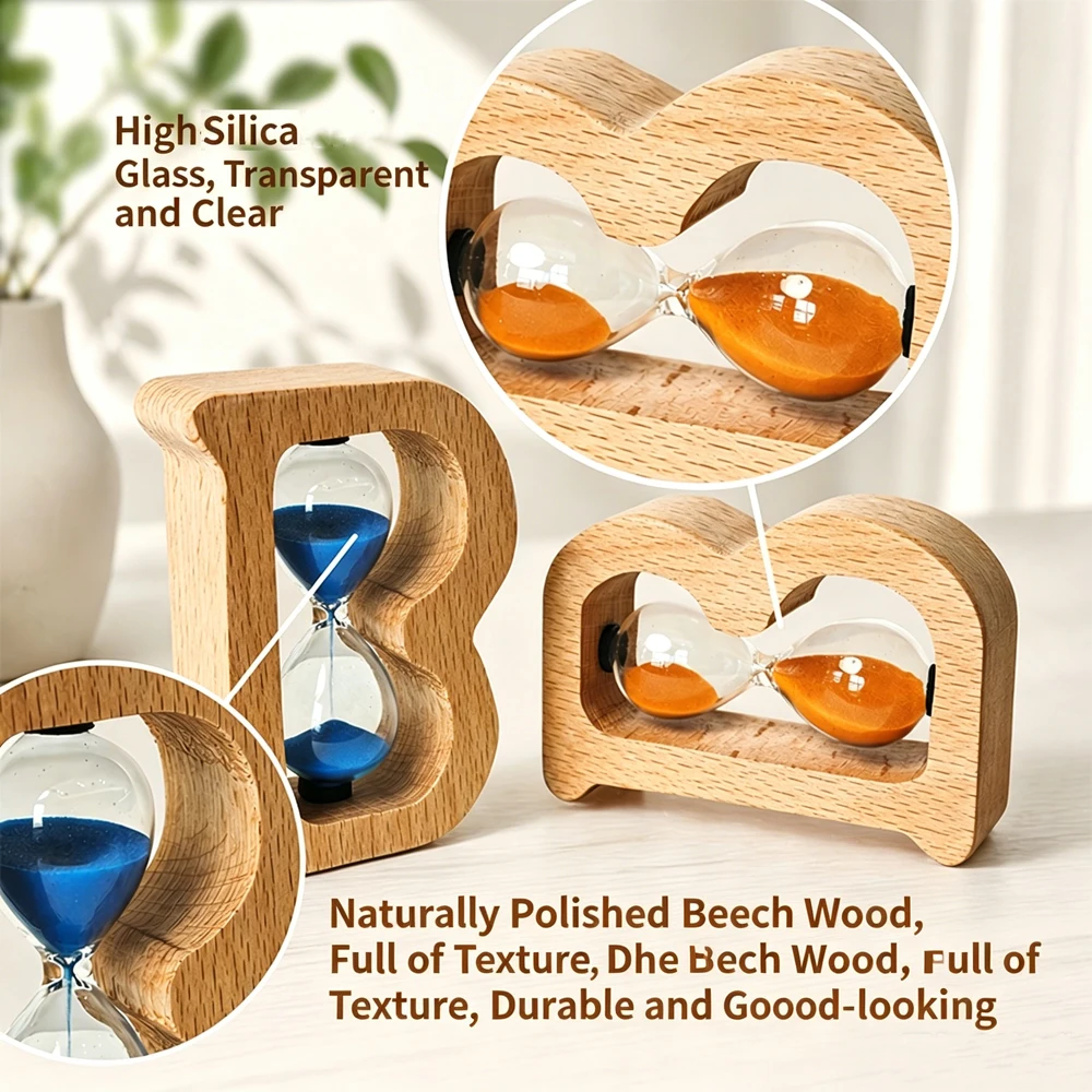 Aesthetic Multi-Color Wooden Sand Timer Unique B Letter Shape Hourglass for Stress Relief Study Focus Home Decor Thoughtful Gift