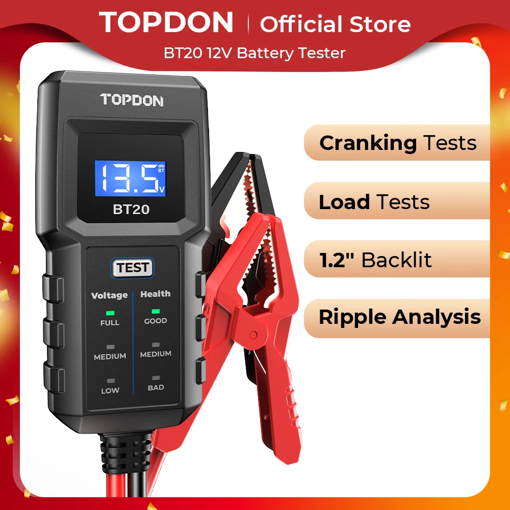 TOPDON BT20 Lead Acid 12V Battery Cranking Charging Vehicles Automotive Motorcycle Car Battery Tester Analyzer