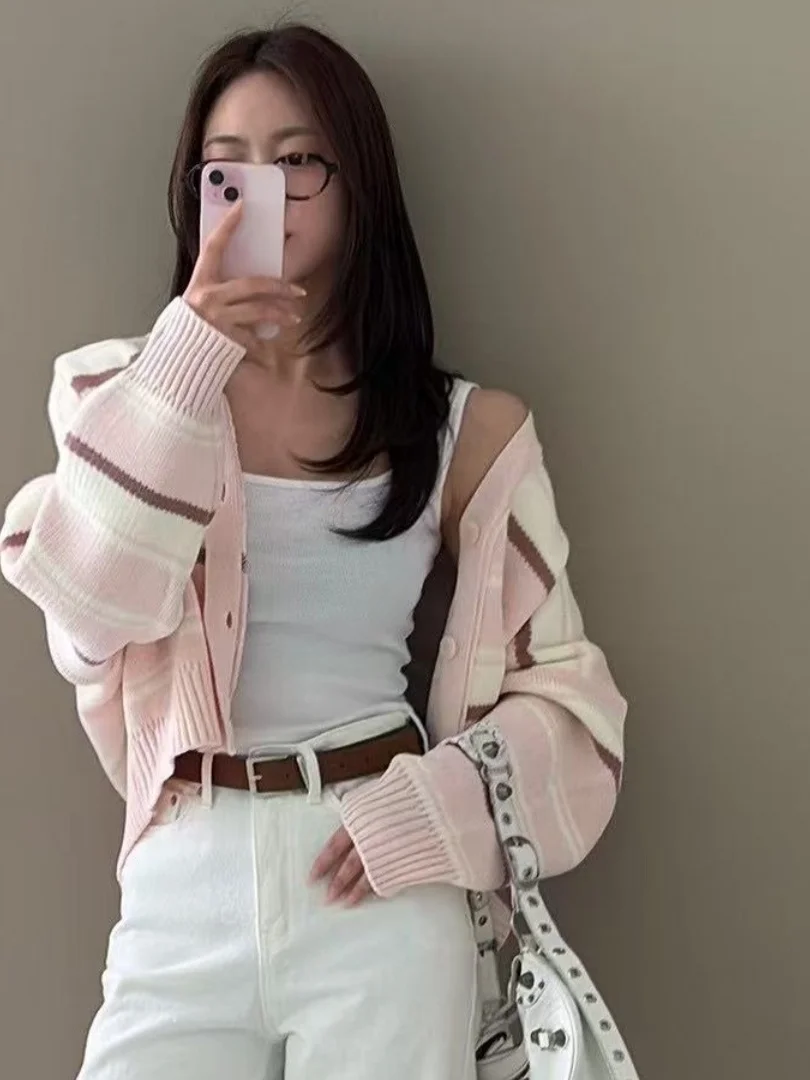 Cárdigan de Punto Hoado para Mujer, Nuevo Modelo 2025, Suave y Acogedor, Suéter a Rayas, Top Moderno con Cuello en V, Manga...