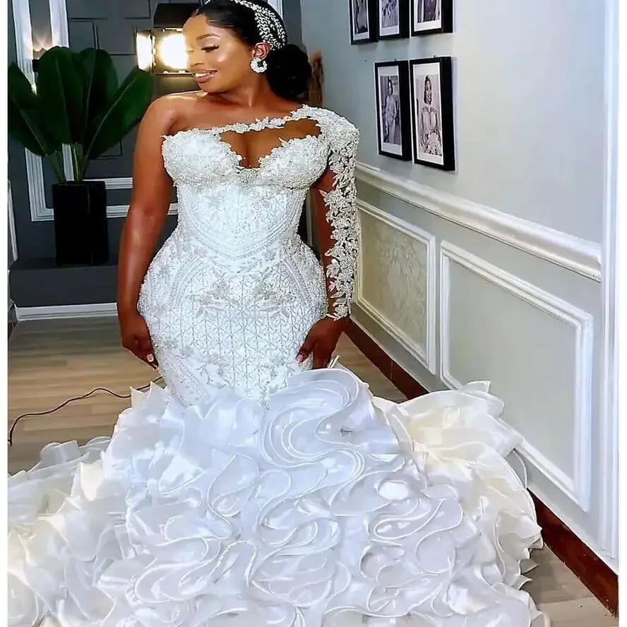 Customized Arabic Plus Size Mermaid White Wedding Dress For Bride Lace Beaded Tiers Organza Bridal Gowns Dresses