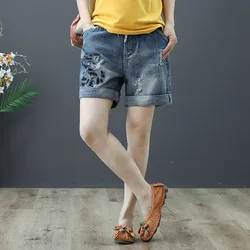 Pantalones cortos de mezclilla para mujer, Shorts informales con bolsillos rasgados y bordado de gato, cintura elástica, desgastados, 2021