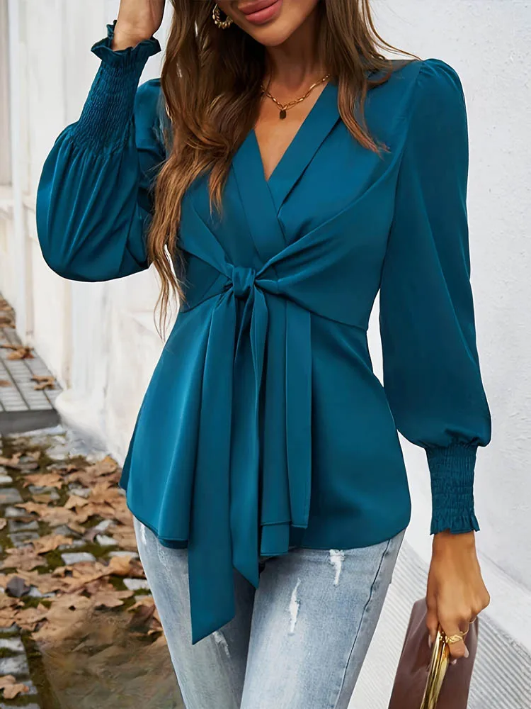 

French retro deep V cross-strap waist women's shirt, fashionable temperament lantern sleeve commuter casual top