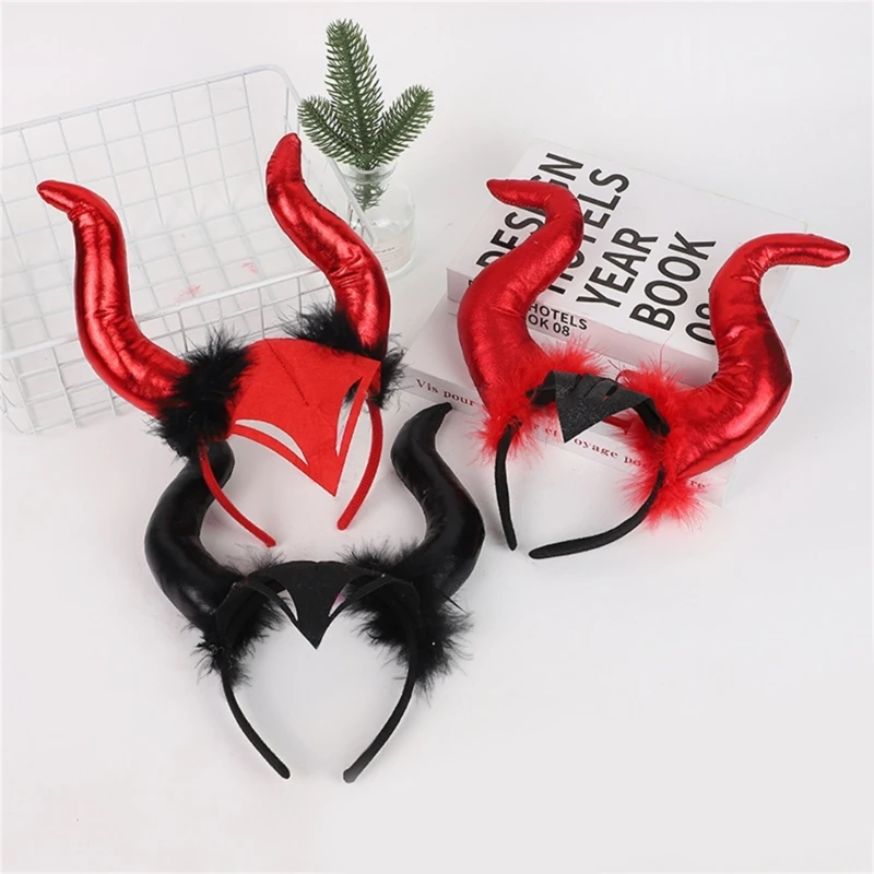 Furry Devil Horn Headband for Adult with Face Mask Gold Stamping Hairhoop Kids Halloween Headdress Cosplay Headpieces