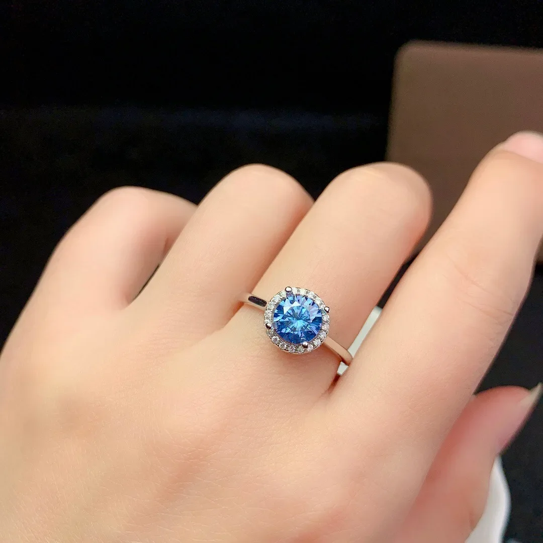 Real Blue Color Moissanite Ring Adjustable Resizable Gemstones 925 Silver For Women Girlfriend Birthday Present