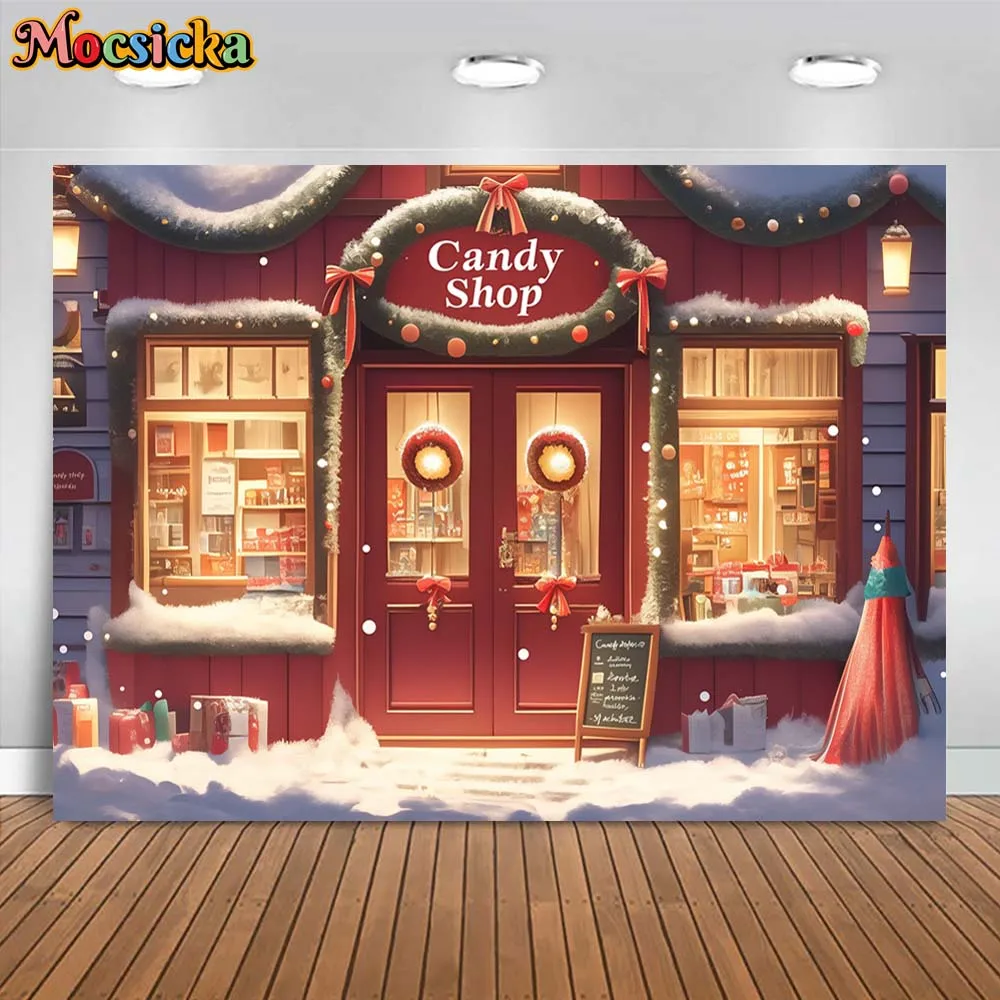 Mocsicka-Cenário De Natal De Inverno Para Fotografia, Loja De Doces, Porta Vermelha, Grinalda, Campo De Neve, Árvore De Natal, Foto Fundos Estúdio, Menina