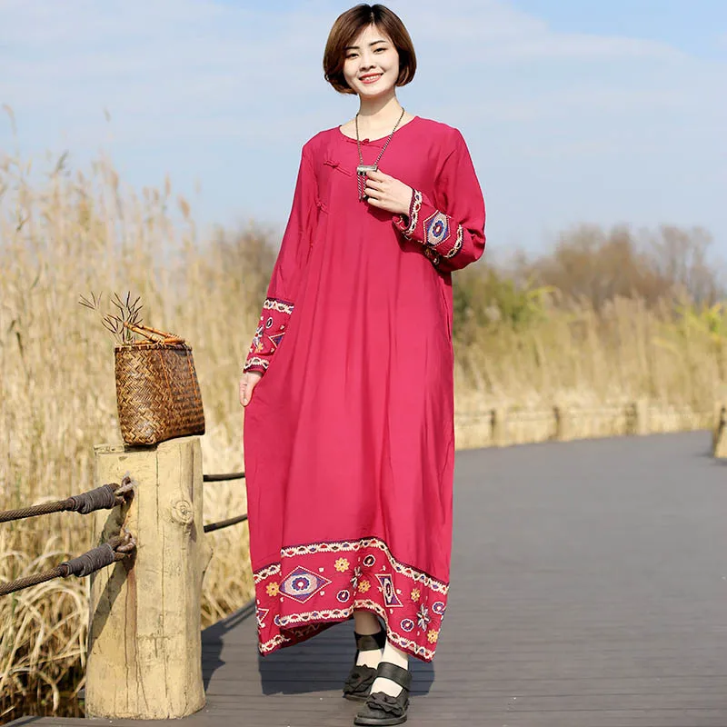 Ethnic Wind Cotton Linen Embroidery Round Neck Pullover Robe Womens Autumn Dress Loose Simple Elegant Leisure Long-Sleeved Dress