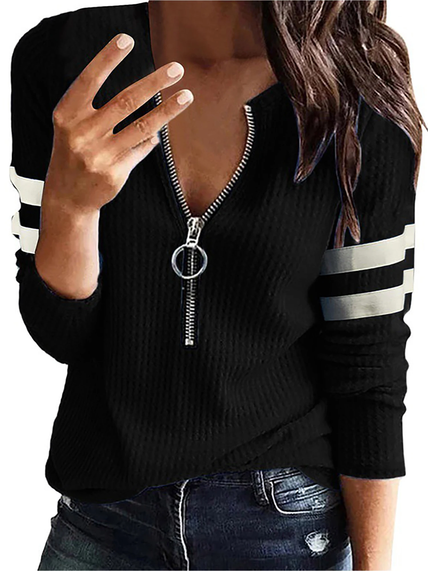 Women Spring Striped V Neck Sweatshirt Tops Casual Long Sleeve Loose Shirt Pullover Tee Ladies Fashion Clothing Plus Size 2024