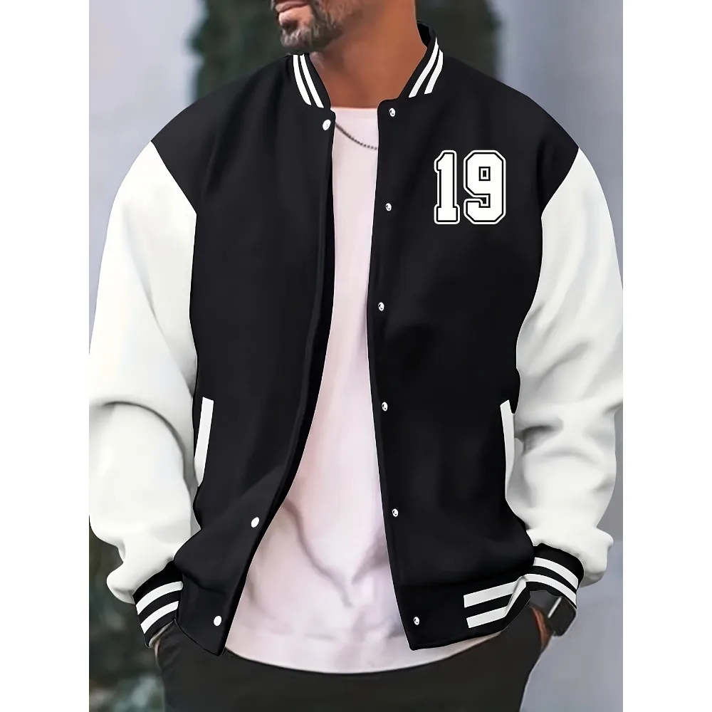 

Men's casual campus style jacket with digital print, stylish baseball collar, loose fit, suitable for autumn and winter.