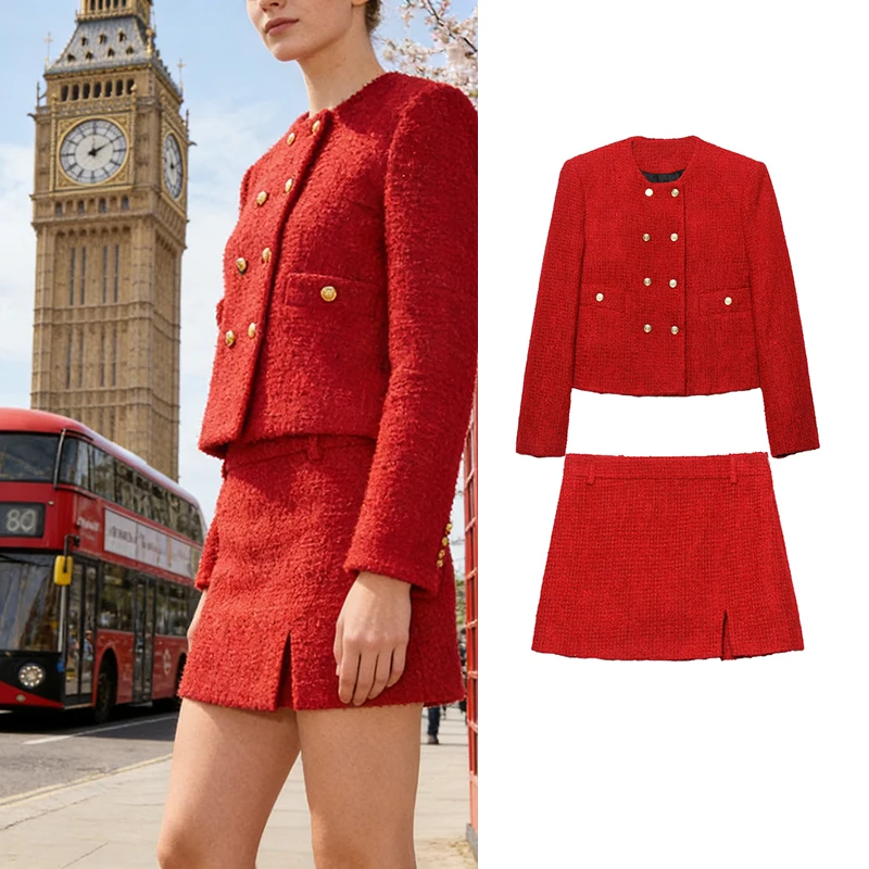 

Женский красный твидовый комплект из двух предметов, двубортный пиджак с разрезом юбки, комплект из двух предметов, модный стиль для вечеринок