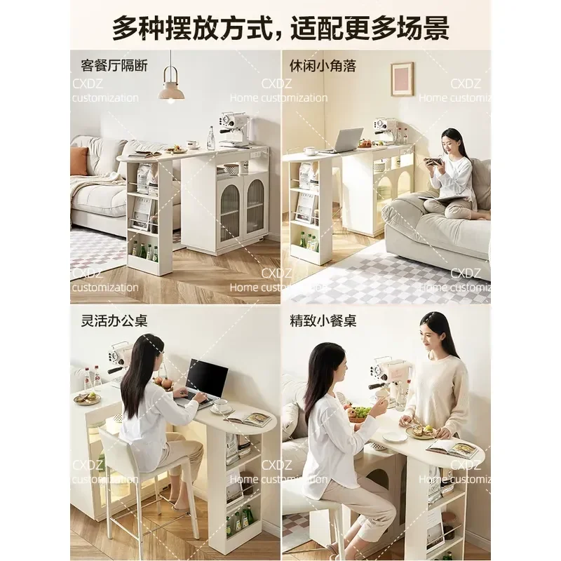 Rotatable Retractable Side Cabinet Bar Counter Tea Cabinet Living Room Storage Locker Multifunctional Cream