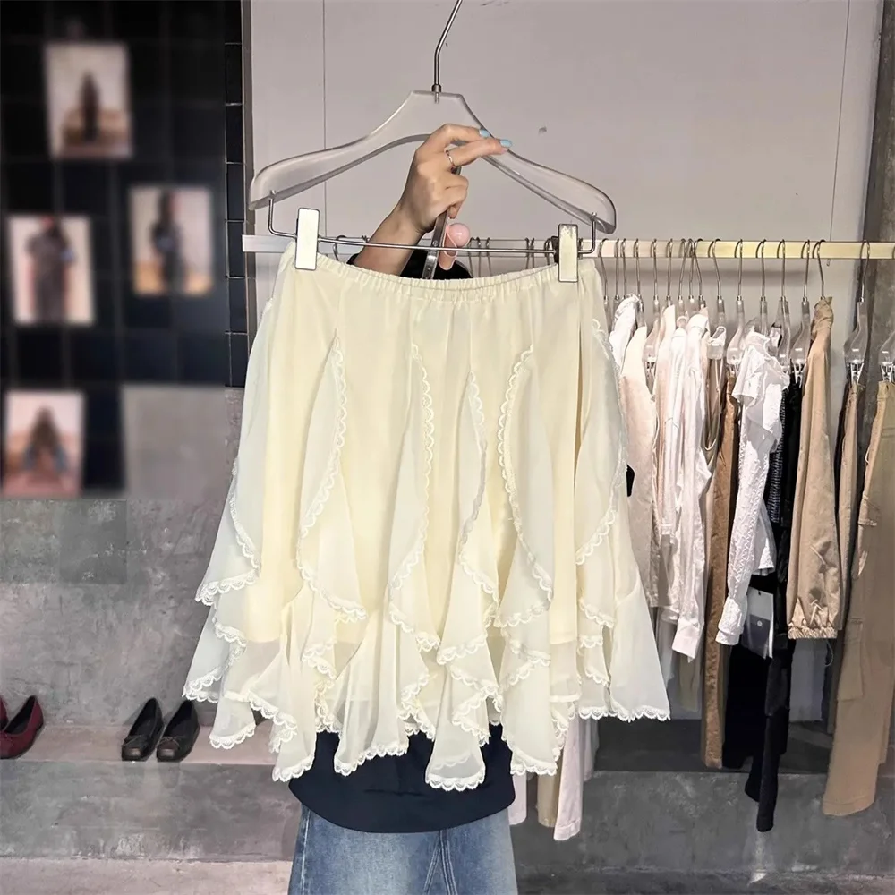 Korean Style Lace Tulle Skirt Women Summer Harajuku Sweet Elegant Ruffles Skirts Vintage Streetwear Irregular Y2k Layered Skirts
