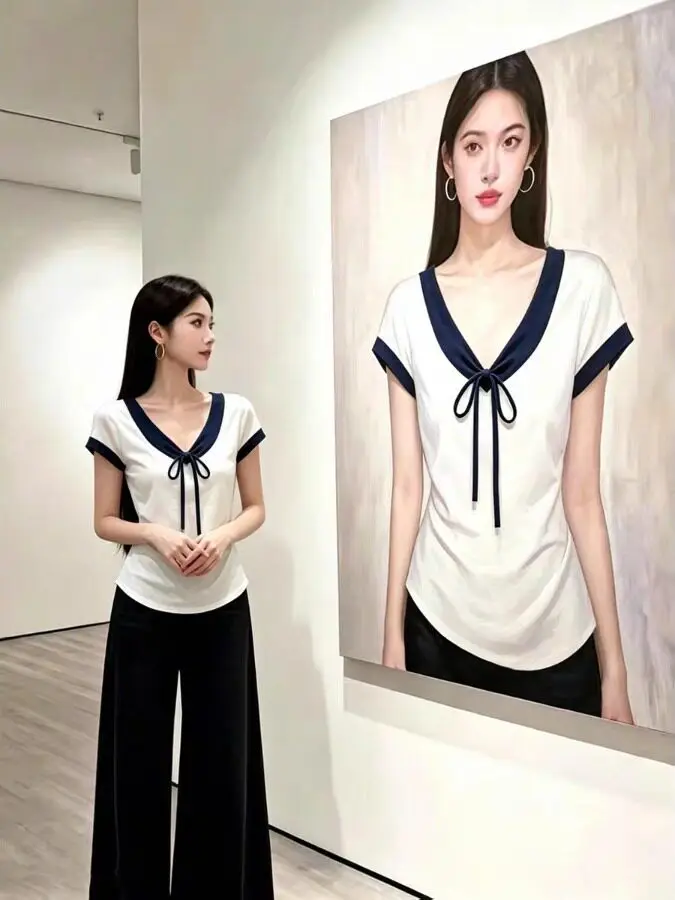 Korean Style  Knot V-Neck Short Sleeve Slim Fit T-Shirt Women Summer 2026 New Spicy Girl Fashion Shoulder Level Top