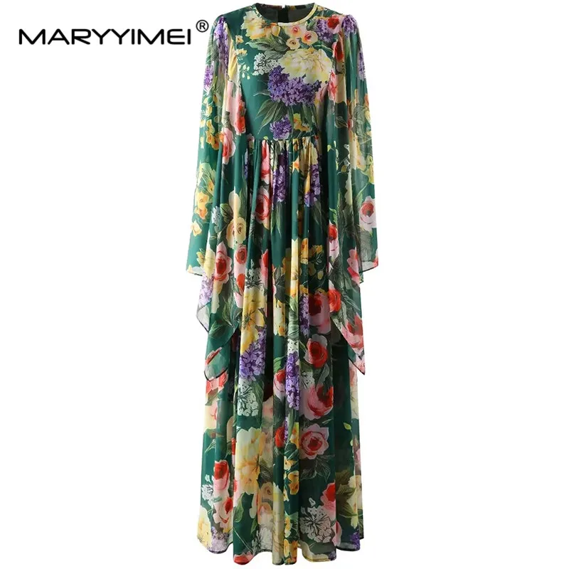 MARYYIMEI New Fashion Women's Round Neck Wrapped Chiffon Positioning Print Boho Slim Flower Square Sleeve Green Big Swing Dress