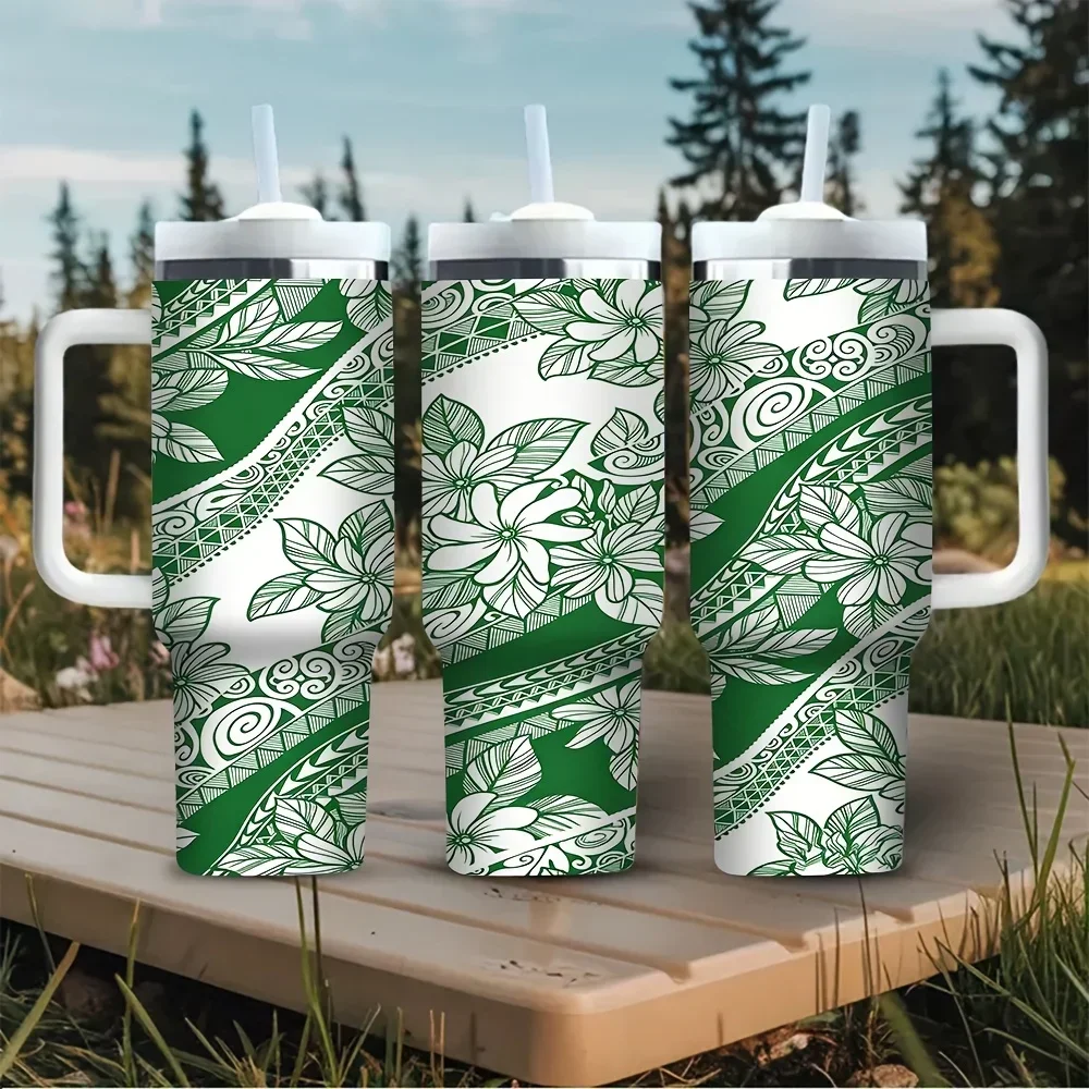 Green Tribal Floral Print 40oz Tumbler with Handle, Fits All People for Daily Use Travel And Outings, Holds Both Hot And Cold Drinks, Perfect for Camping Hiking And Outdoor Activities