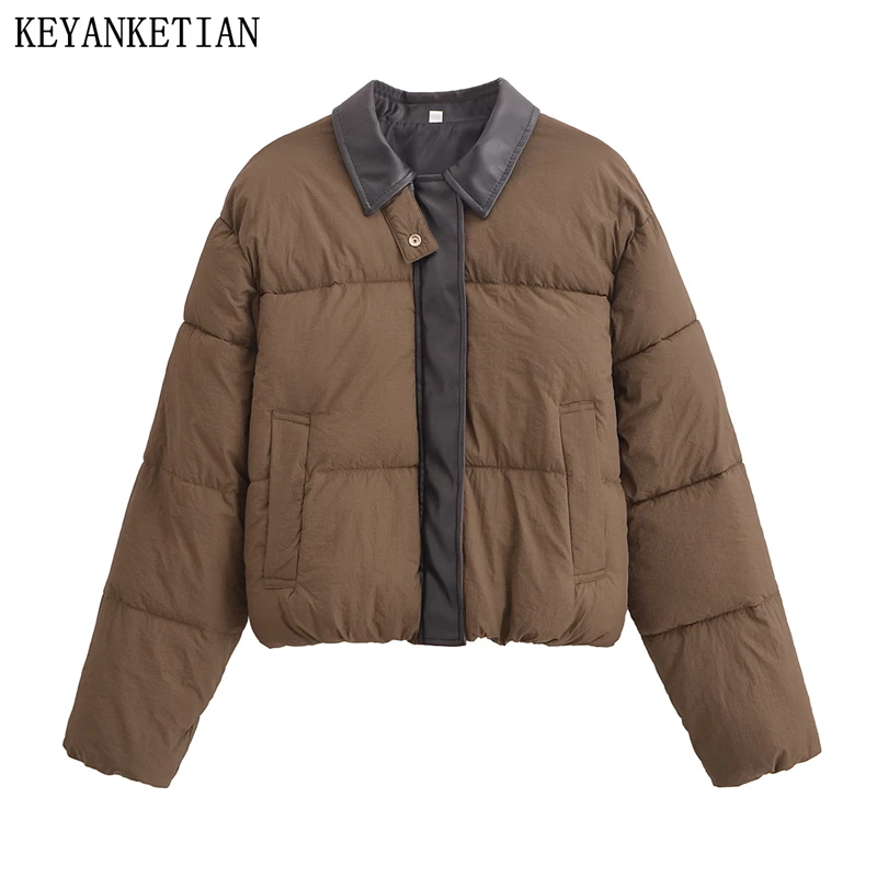 

KEYANKETIAN новая зимняя женская хлопковая куртка из искусственной кожи в стиле пэчворк с лацканами контрастного цвета и планкой на молнии, женская куртка-хлеб