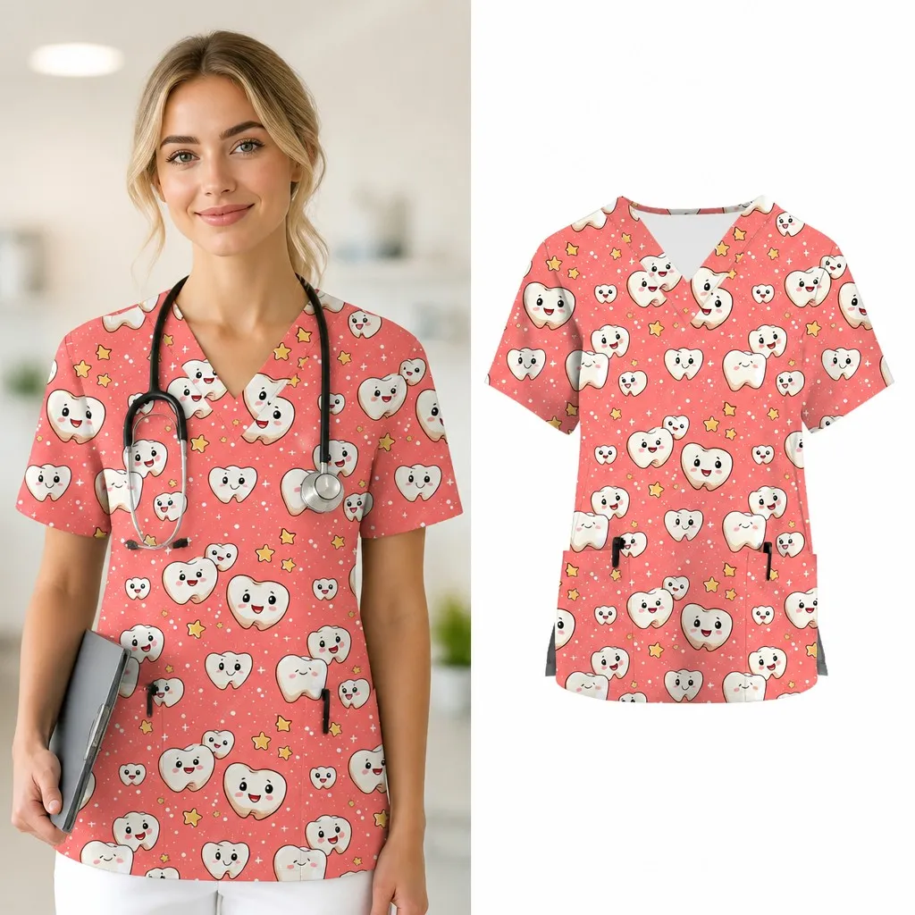 New Summer Women's Hospital Clinic Dental Pet Shop Care Uniform T-Shirt V-Neck Short Sleeve Frosted Top with Printed Design
