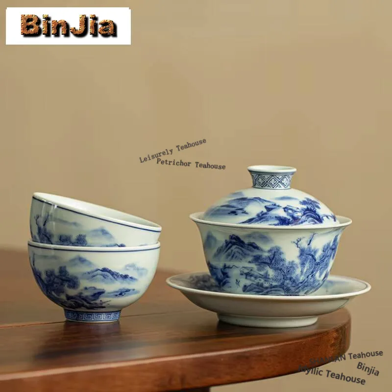 Handmade Landscape Gaiwan Antique Blue And White Respectful Tea Tureen Tea Maker Cover Bowl Tea Services Decoration Ornaments