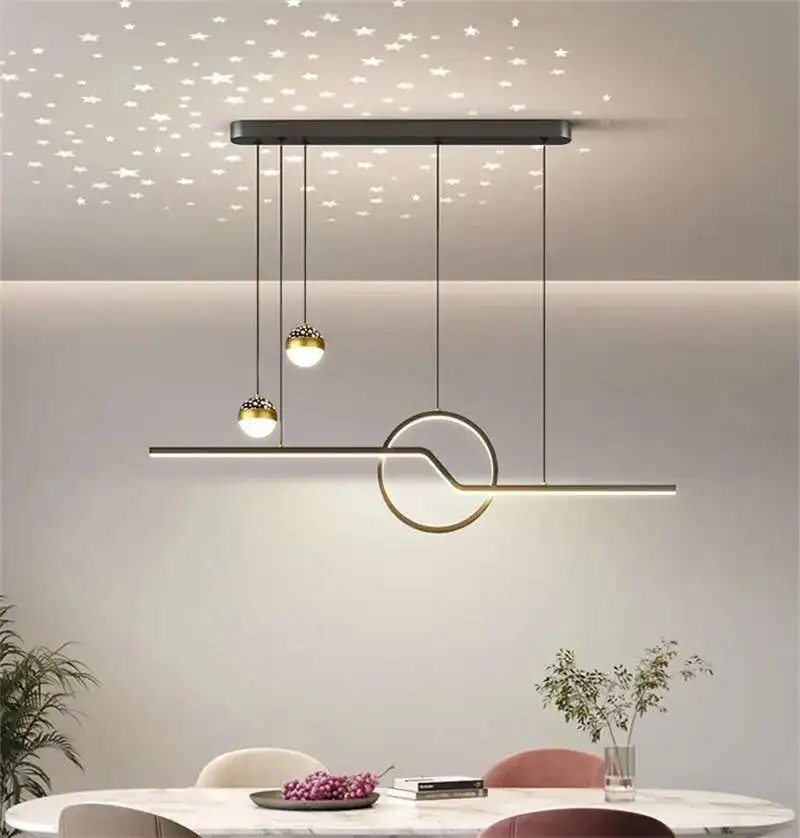 Modern LED Starry Sky Pendant Lamp Is Used For Living Room Dining Table Room Kitchen Bar Black Adjustable Line Remote Control