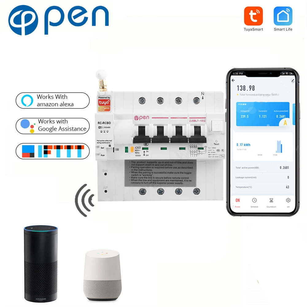 4P single  phases tuya WiFI energy monitoring circuit breaker with Amanzon Alexa and Google home