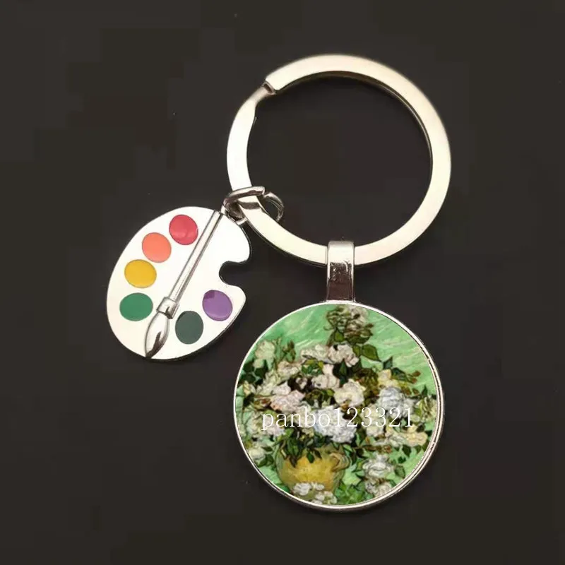 Classic Van Gogh Keychain Starry Night Painting Glass Cabochon Keyring Chain Retro Car Bag Keychain Ladies Jewelry