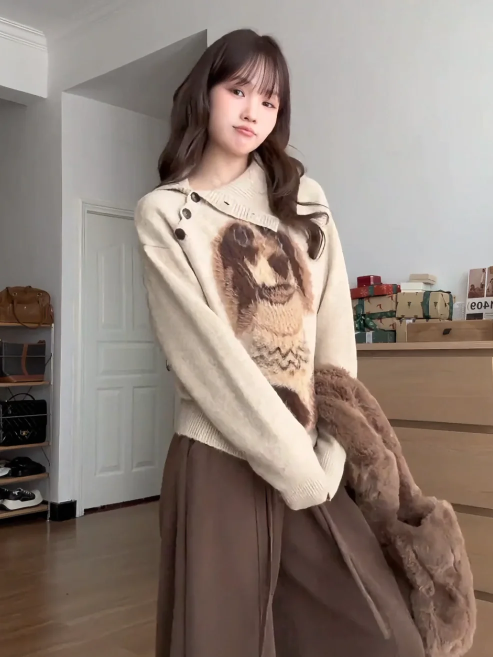 เสื้อสเวตเตอร์ถักลายสุนัขสไตล์เกาหลี ทรงหลวม สวมใส่สบาย เนื้อผ้านุ่ม แขนยาว คอกลม เหมาะสำหรับฤดูใบไม้ร่วงและฤดูหนาว