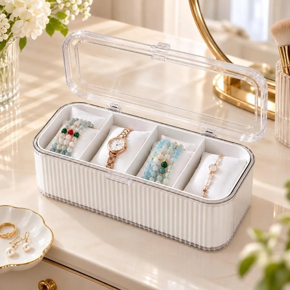 4 Compartment Bracelet Display Storage Box Clear Lid Dustproof Jewelry Organizer Box Soft Pillows Watch Display Case