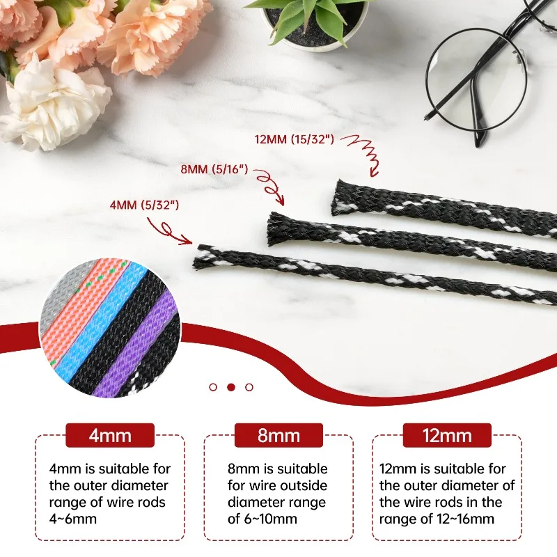 3Meters PP Cotton + PET Yarn 4mm 8mm 12mm Expanded Braided Sleeve Soft Wire Wrap Insulated Protection Cable Harness Line Sheath