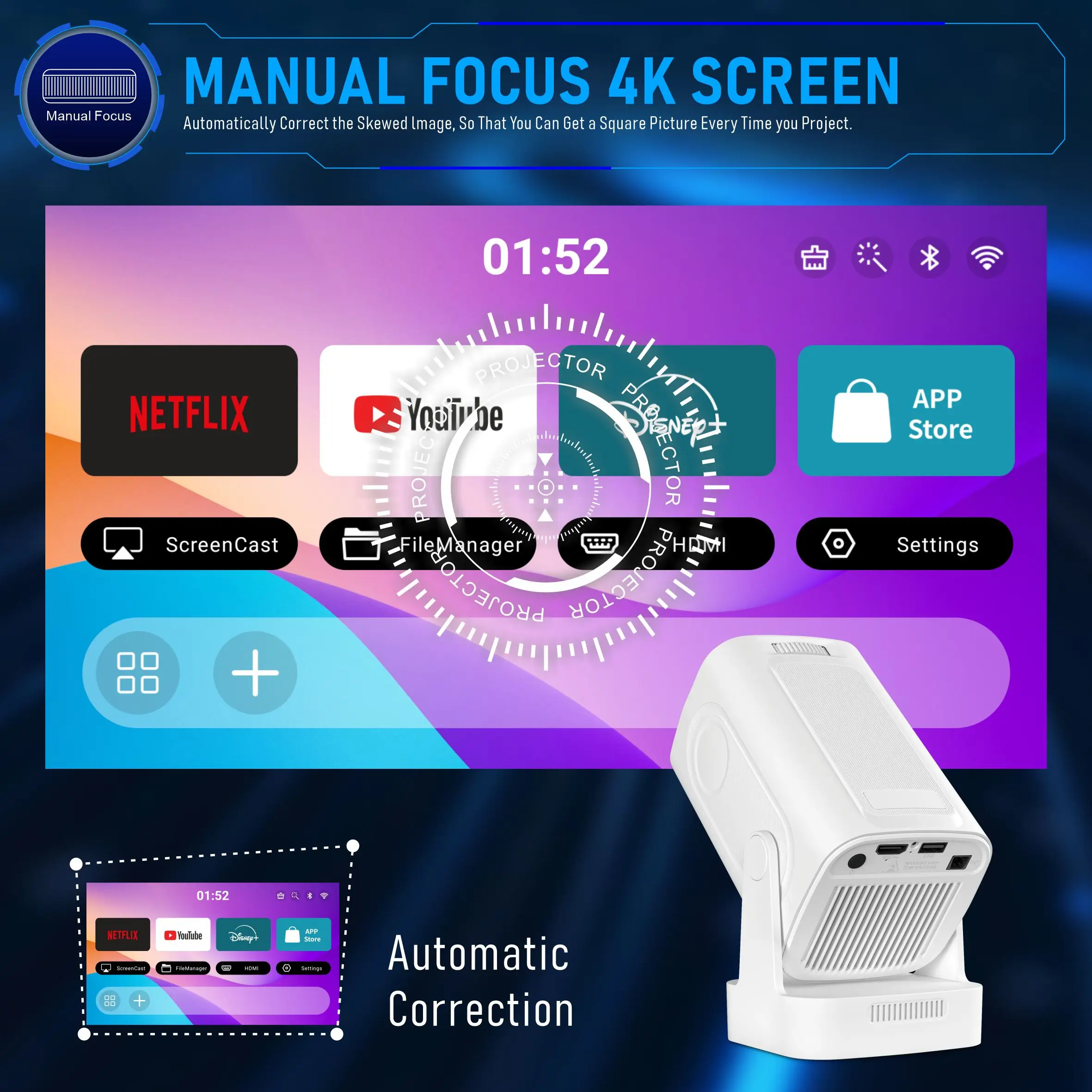 جهاز عرض Velec HY260 330ANSI Android11 4K1080P WiFi6 BT5.4 جهاز عرض محمول مع حقيبة مزدوجة واي فاي جهاز عرض منزلي للفيلم الخارجي
