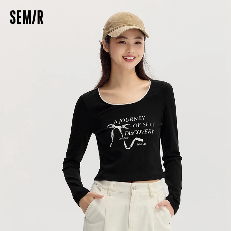 Semir Long Sleeve T-Shirt Women Short Style with Bowknot and Sweet Letter Design 2024 New Autumn Gentle Lace Slim Fit Top