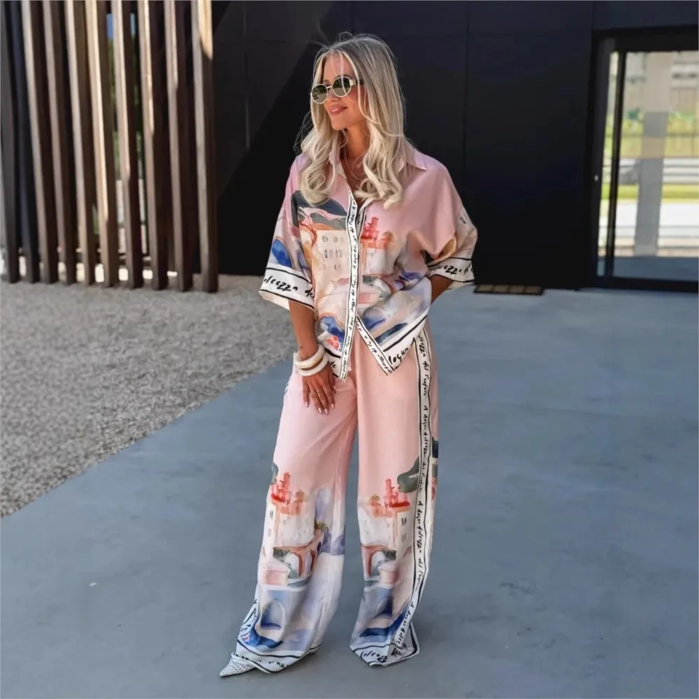 

Half-sleeved Printed Shirt Trousers For Women 2-piece Set Summer New Loose Simple Casual Elegant Female Streetwear Trousers Suit