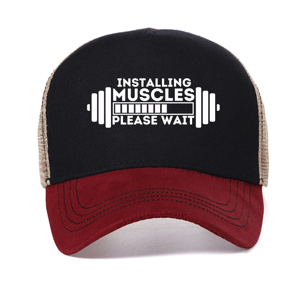 موضة جديدة تثبيت العضلات يرجى الانتظار تحميل شريط طباعة قبعة بيسبول للجنسين الرجال النساء الصيف قبعة شبكية قبعات سائقي الشاحنات عادية