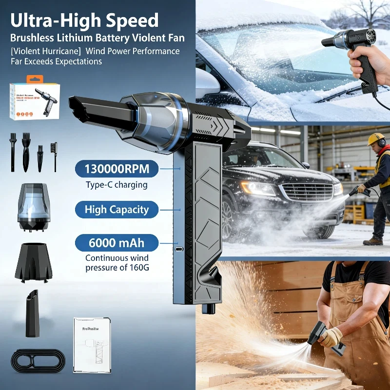

Handheld Turbo Blower 130000 RPM High Pressure Cordless Car Vacuum Brushless Motor Portable Air Duster Dryer Multi Function Tool