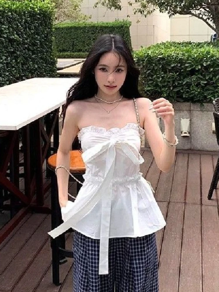 French Cute Coquette White Bow Tie Up Ruffle Strapless Lightweight Tube Top Women Slim Fit Waist Cinched Summer Dailywear Tops
