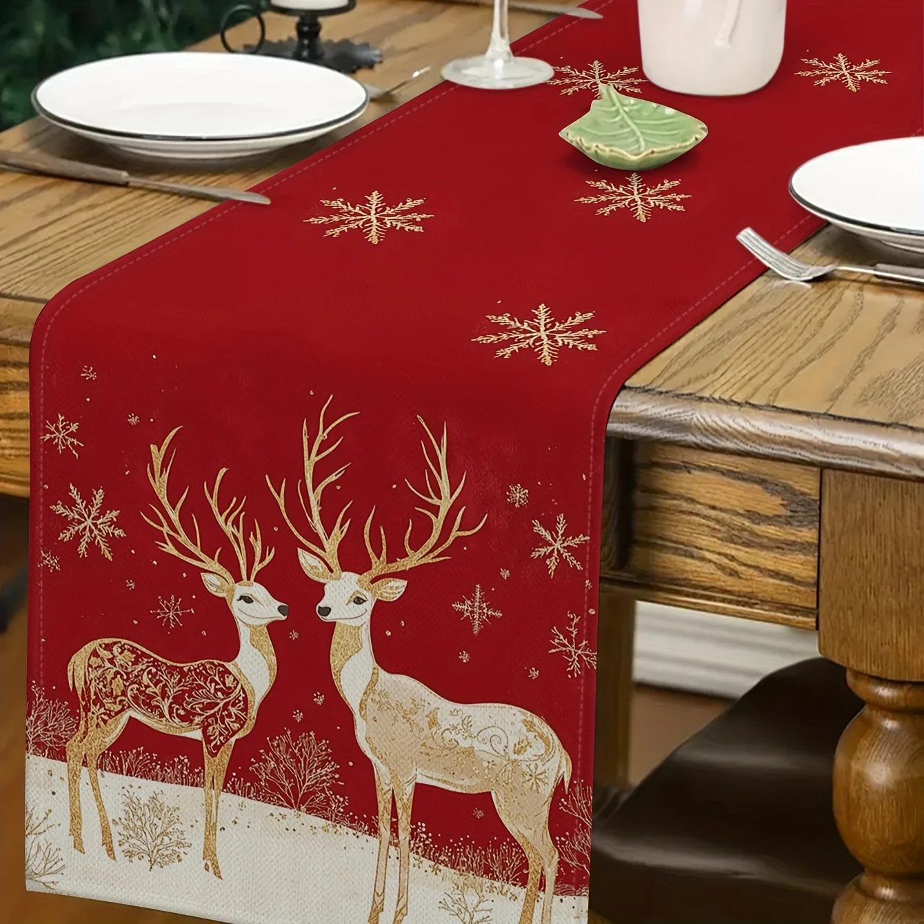 Christmas Golden Reindeer Linen Table Runner Party Decor Winter Xmas Snowflake Kitchen Dining Table Runner Christmas Decorations